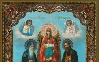 Bunda Maria dari Svensk bersama Santo Anthony dan Theodosius dari Pechersk Tunjukkan ikon kuno ajaib Bunda Allah Yaroslavl Pechersk